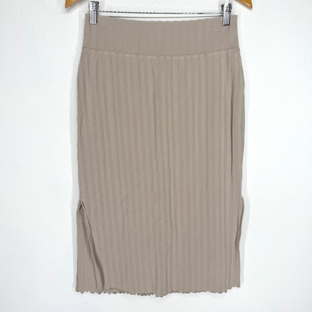OFFLINE Aerie Ribbed Midi Skirt Taupe Brown Side Slits Size M Pull On Stretch